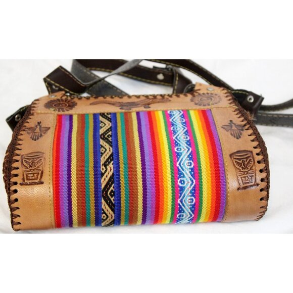 Peruvian Leather Tooled Bag Small Purse Woven Textile Women Shoulder Tear Drop - Picture 4 of 10